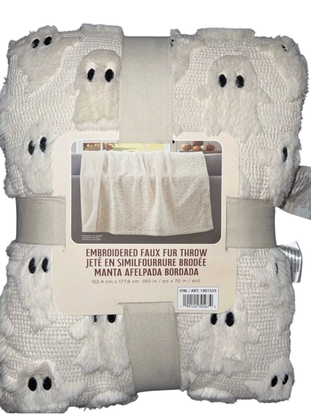 VIRAL HALLOWEEN Costco EMBROIDERED FAUX FUR BLANKET FALL THROW WHITE GHOSTS